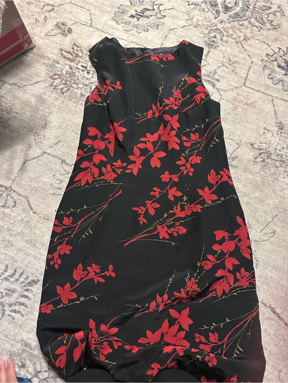 Black Midi Dress with Red Floral Pattern
